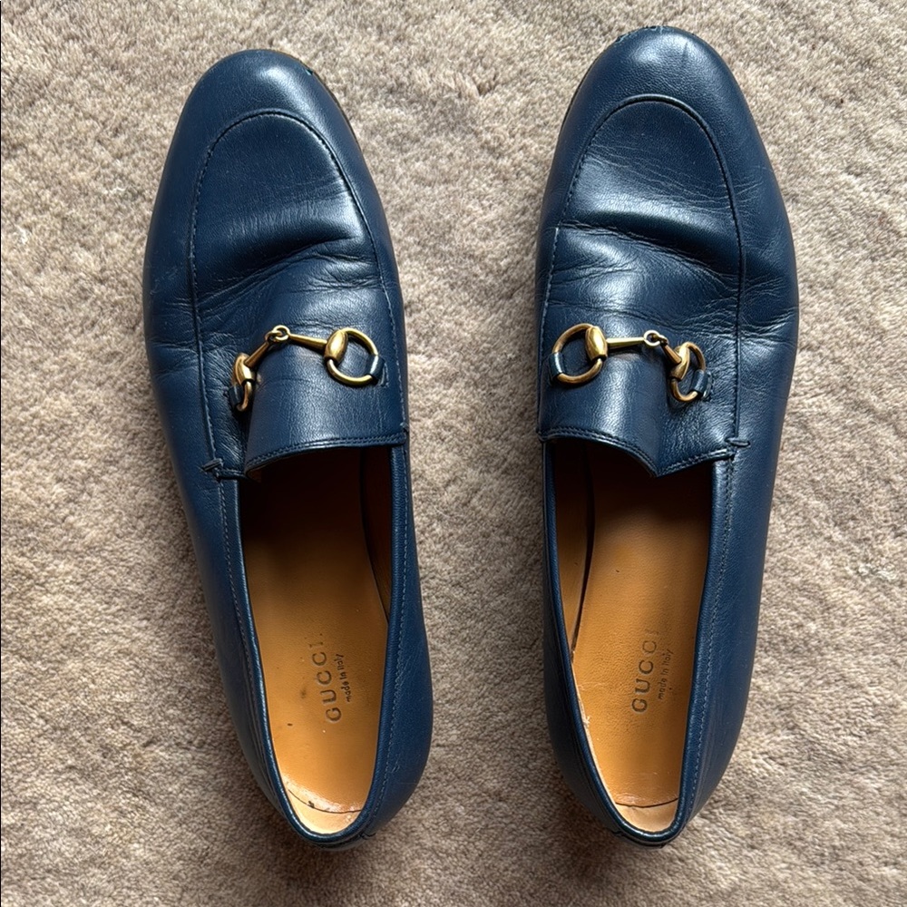 Gucci Jordaan Navy Leather Slip-Ons with Gold Detail